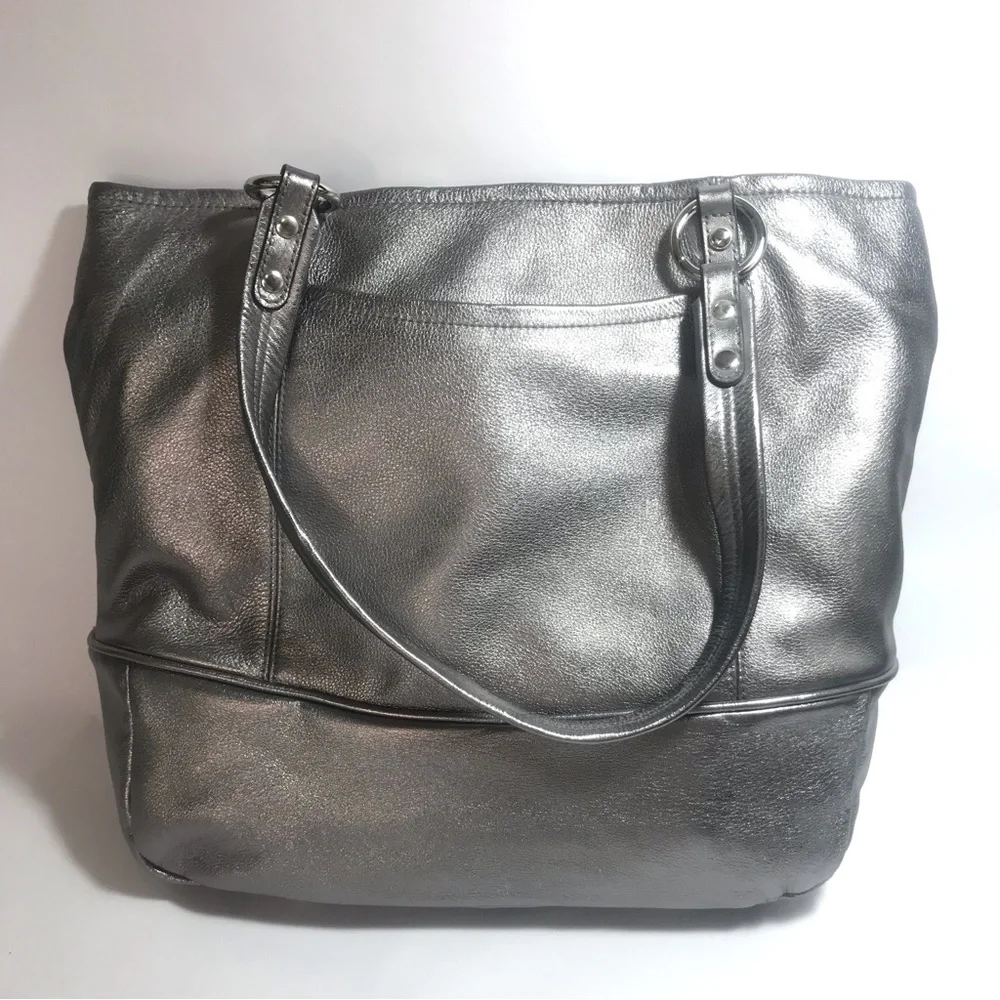 b. makowsky Pewter Metallic Leather XL Tote Bag NWT